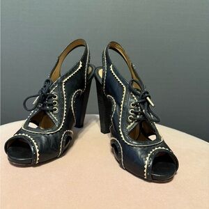 L.A.M.B. Black and Cream Lace-Up Heels